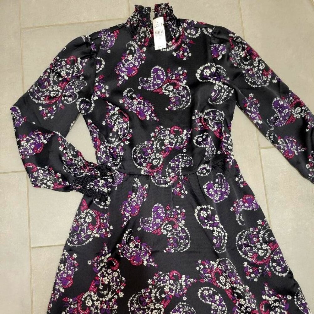 NWT LOFT Paisley Silk Long Sleeve Dress Womens Sz 0 MSRP $95